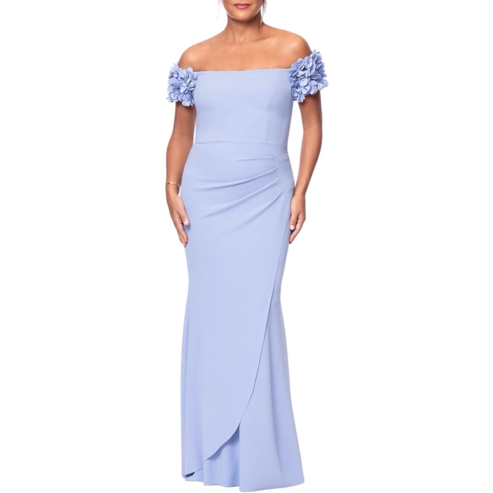 Xscape Off-Shoulder Lavender Maxi Dress with Floral Sleeve Detail